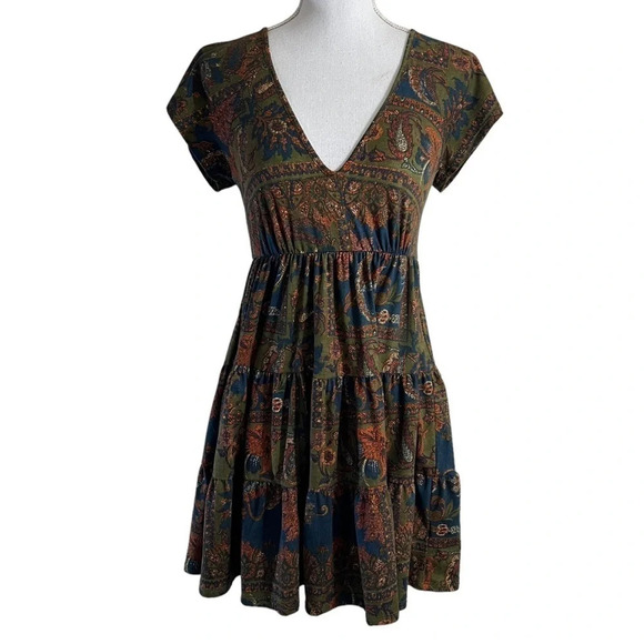 Urban Outfitters Dress Size XS Boho Earth Tones V Neck Short Sleeve Green Orange - Picture 1 of 8